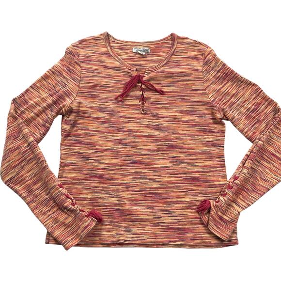 Lucky Brand Top Womens XL Orange Red Stripe Cotton Lace Up Neck Cuffs Y2K - Picture 15 of 16